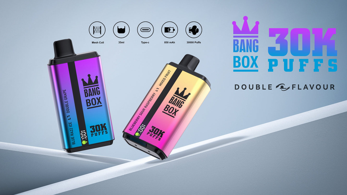 BANGBOX 30000 puffs dual flavors vape.LED Display capcity Batterya .35ml 850MAH .12 Flavor Display