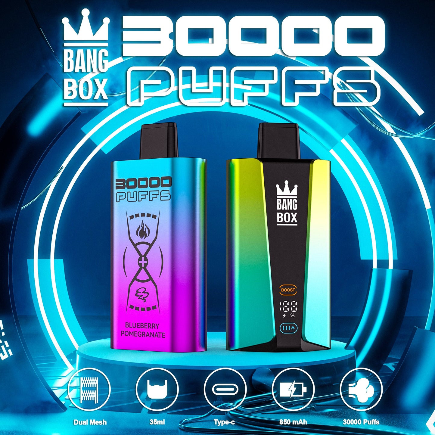 Bangbox 30000puff vape.LED Display capcity Batterya .35ML 850MAH .12 Flavor Display
