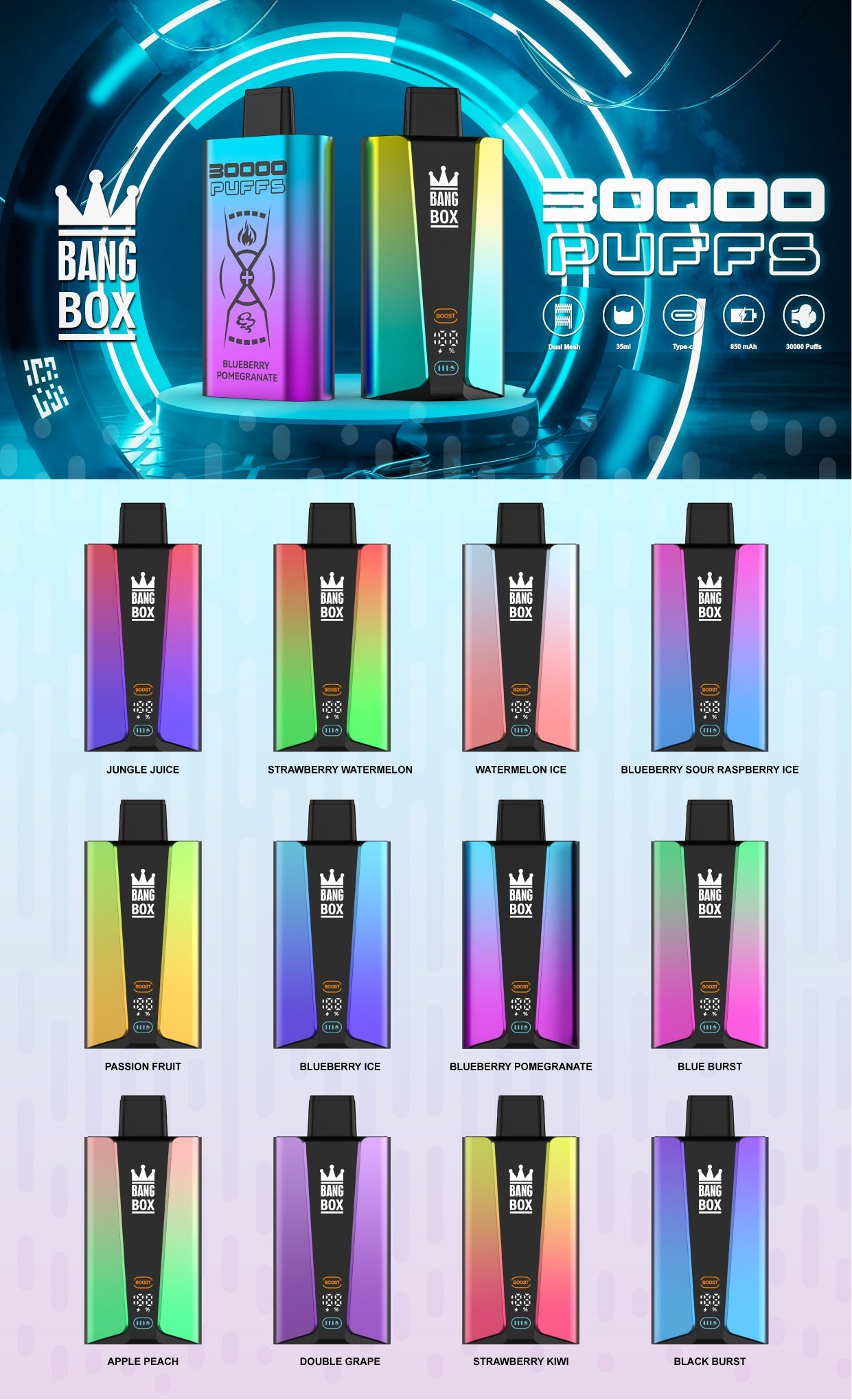 Bangbox 30000puff vape.LED Display capcity Batterya .35ML 850MAH .12 Flavor Display