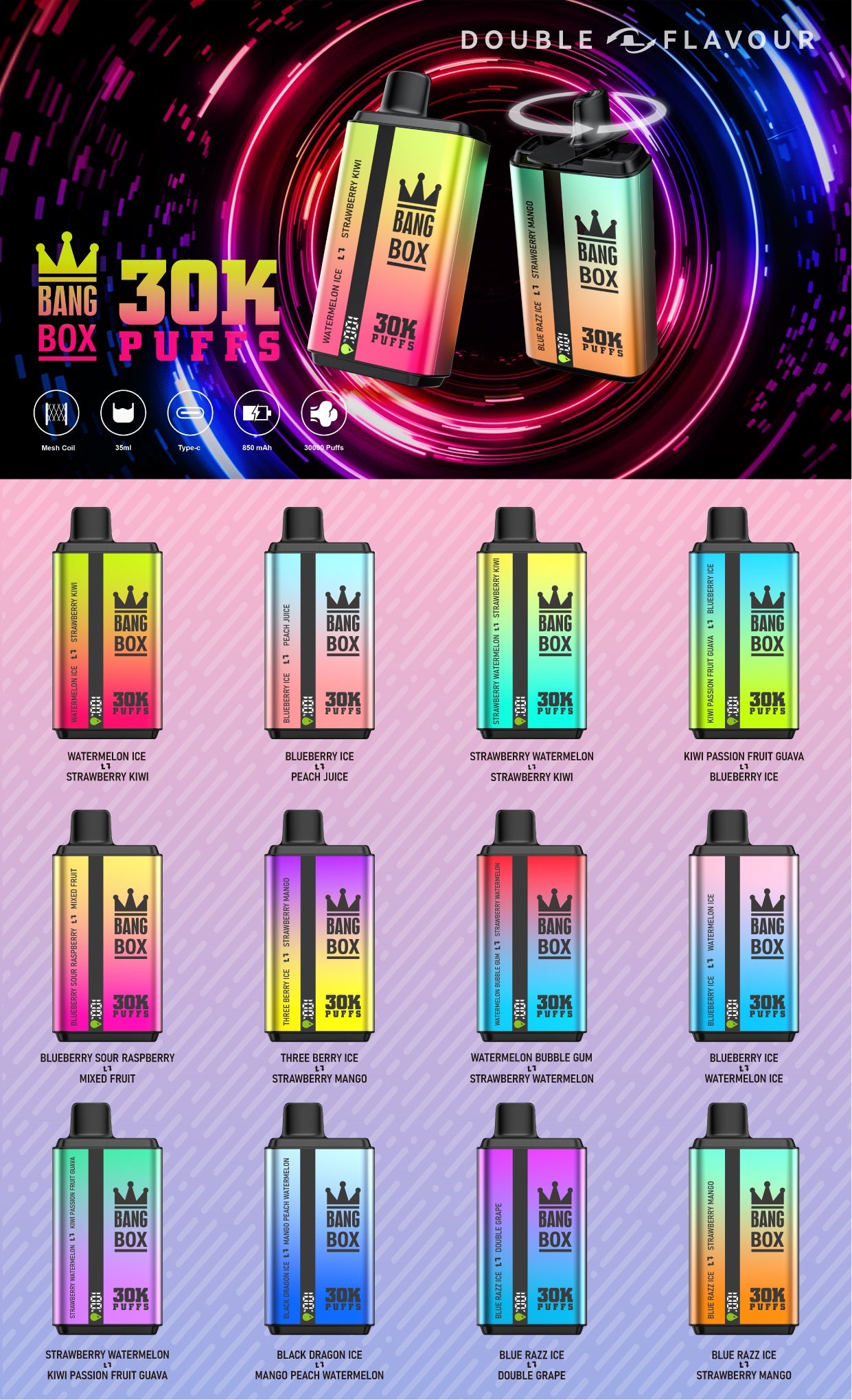 BANGBOX 30000 puffs dual flavors vape.LED Display capcity Batterya .35ml 850MAH .12 Flavor Display
