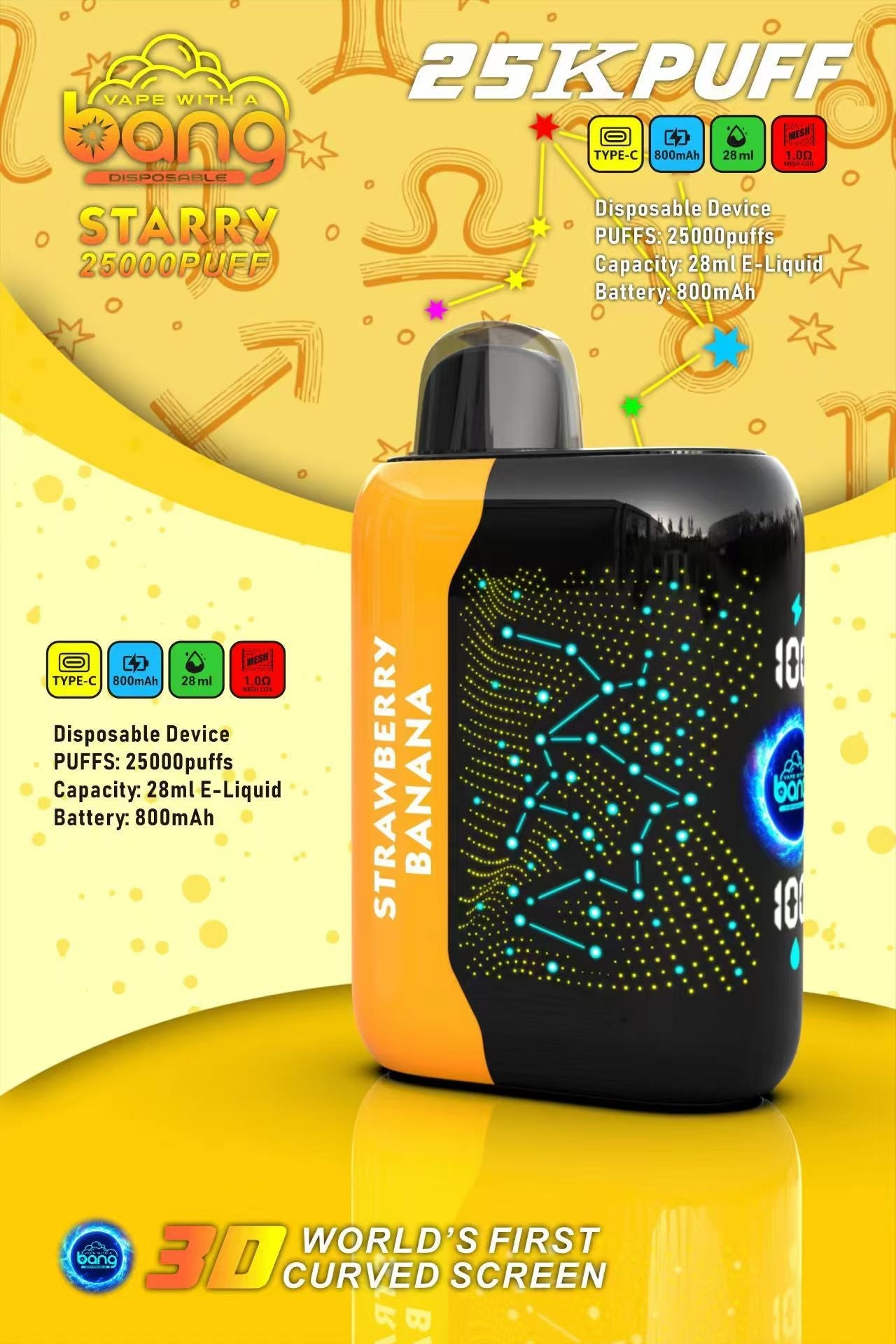 Bang starry 25000 puffs Disposable Vape-850mAh Battery. 30ml E-liquid. Multiple Nicotine 16 Flavors
