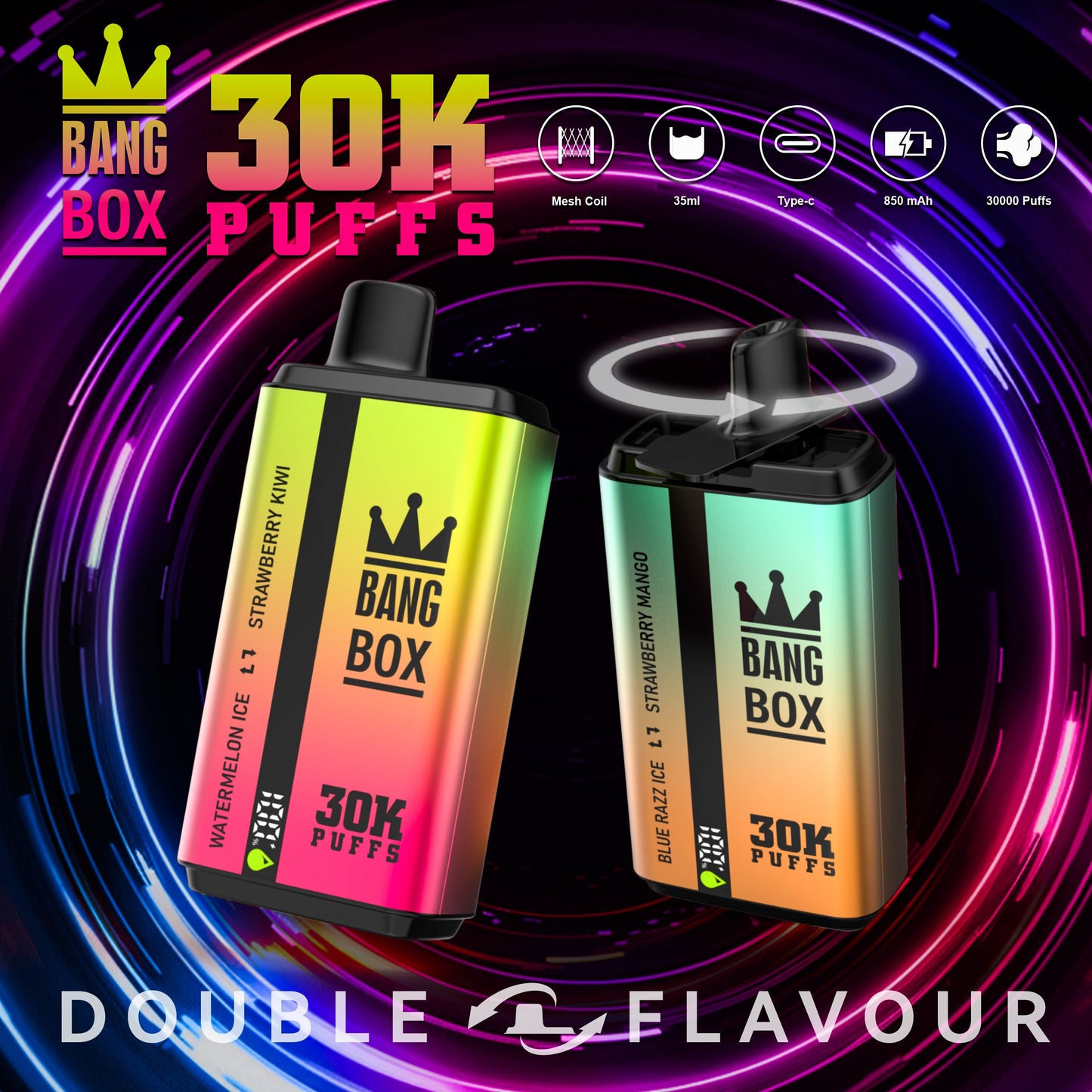 BANGBOX 30000 puffs dual flavors vape.LED Display capcity Batterya .35ml 850MAH .12 Flavor Display