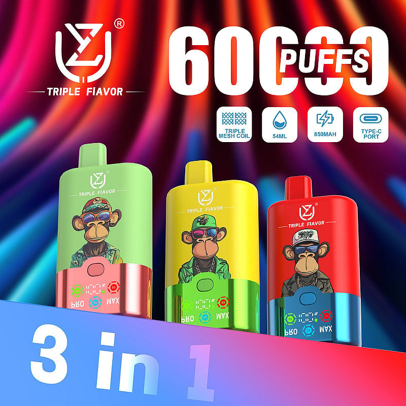 UZY Triple Flavor 60000 Puffs Vape 3 in 1 Disposable E Cigarette with Smart LED Display