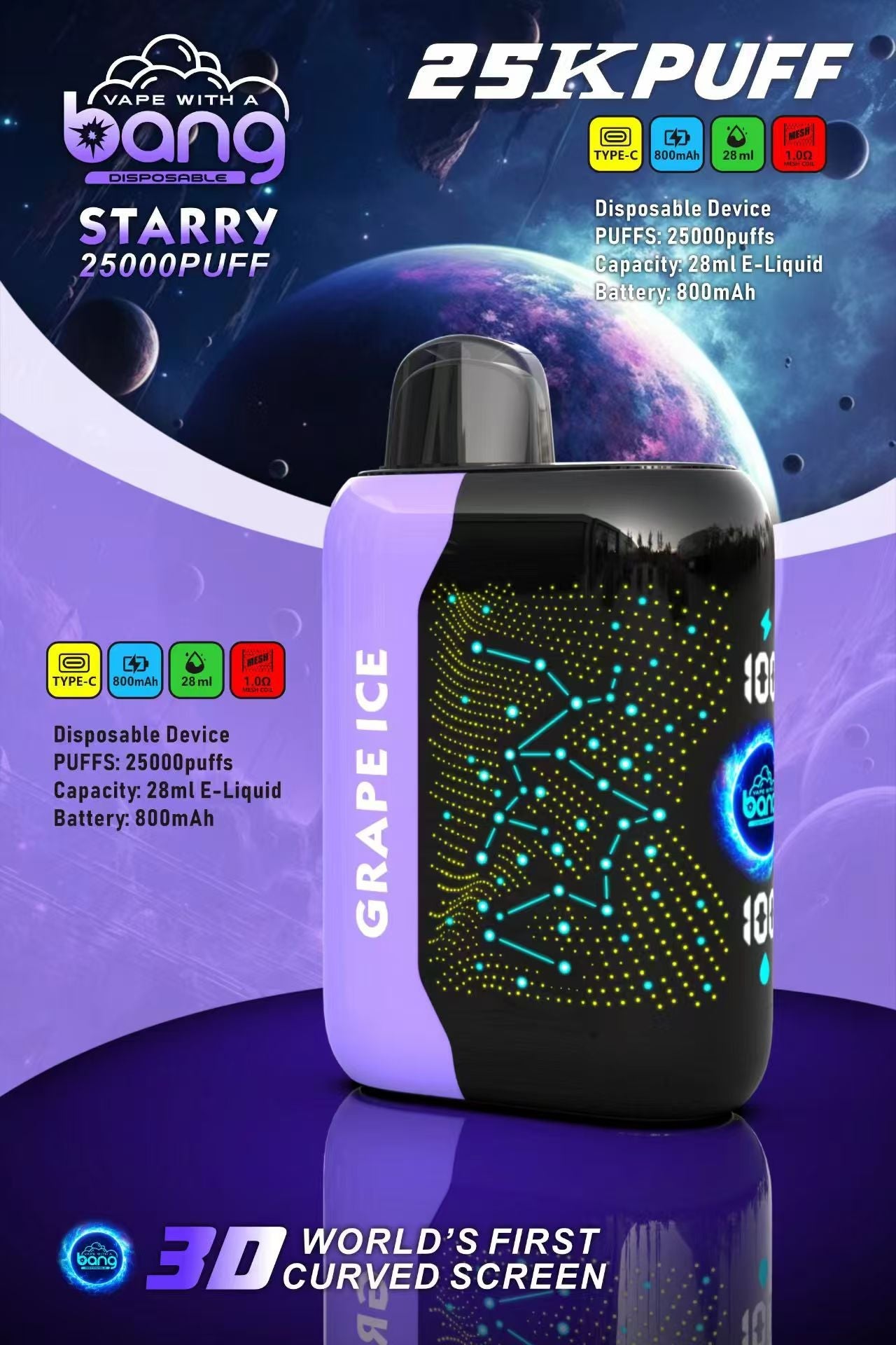 Bang starry 25000 puffs Disposable Vape-850mAh Battery. 30ml E-liquid. Multiple Nicotine 16 Flavors