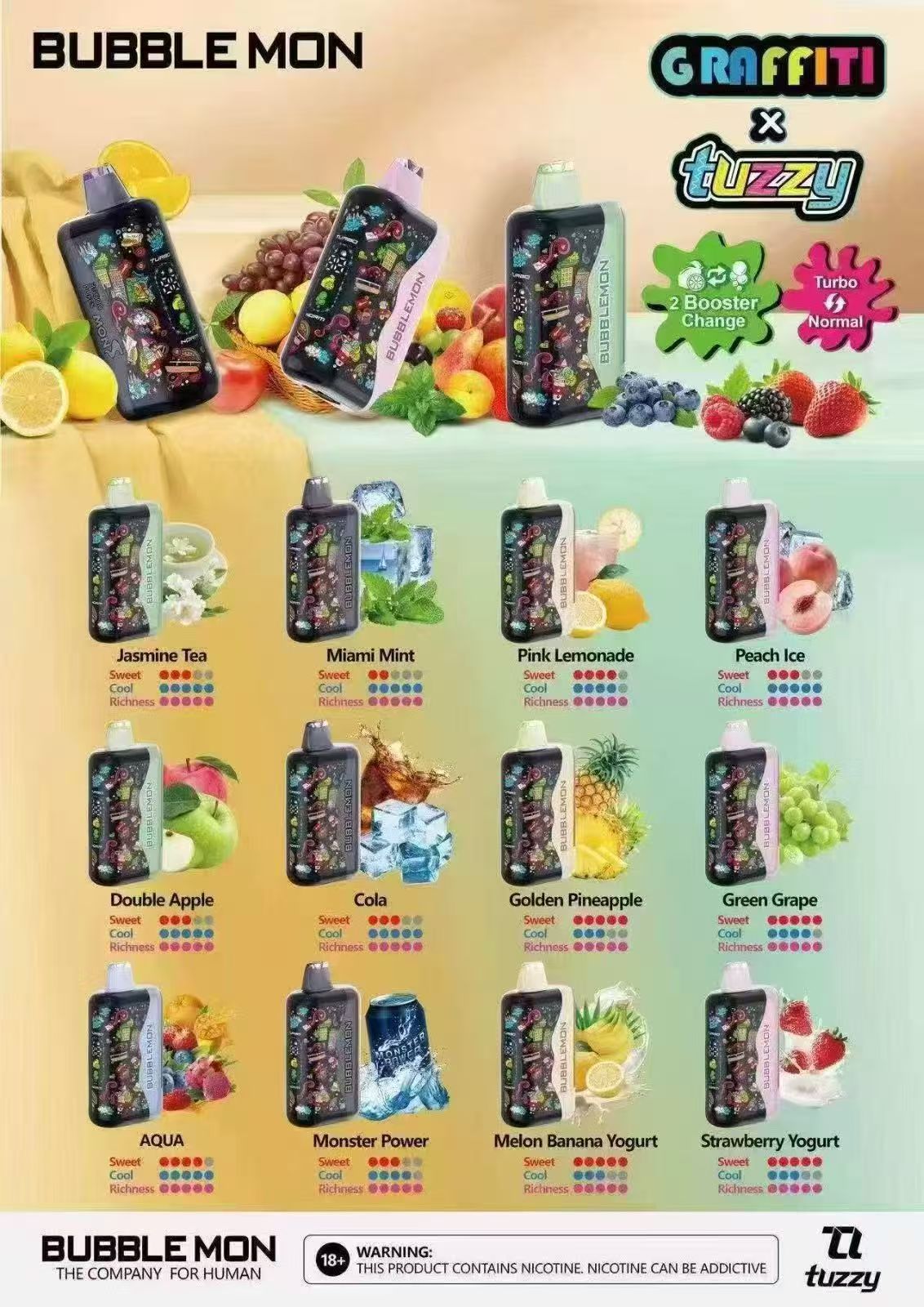 BUBBLEMON GRAFFITI 35000 PUFFS 2% Nicotine 28ML 🍓🍈12 FRUIT FLAVOR  🥝🍉