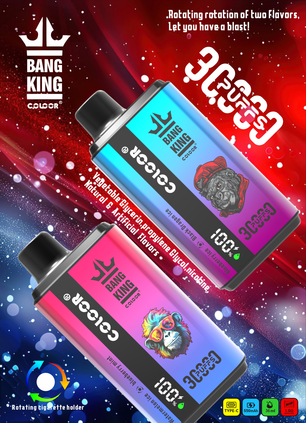 Bang King 30000 Puffs Disposable Vape  12 Flavors-850mAh Battery. 30ml E-liquid. Multiple Nicotine 12 Flavors