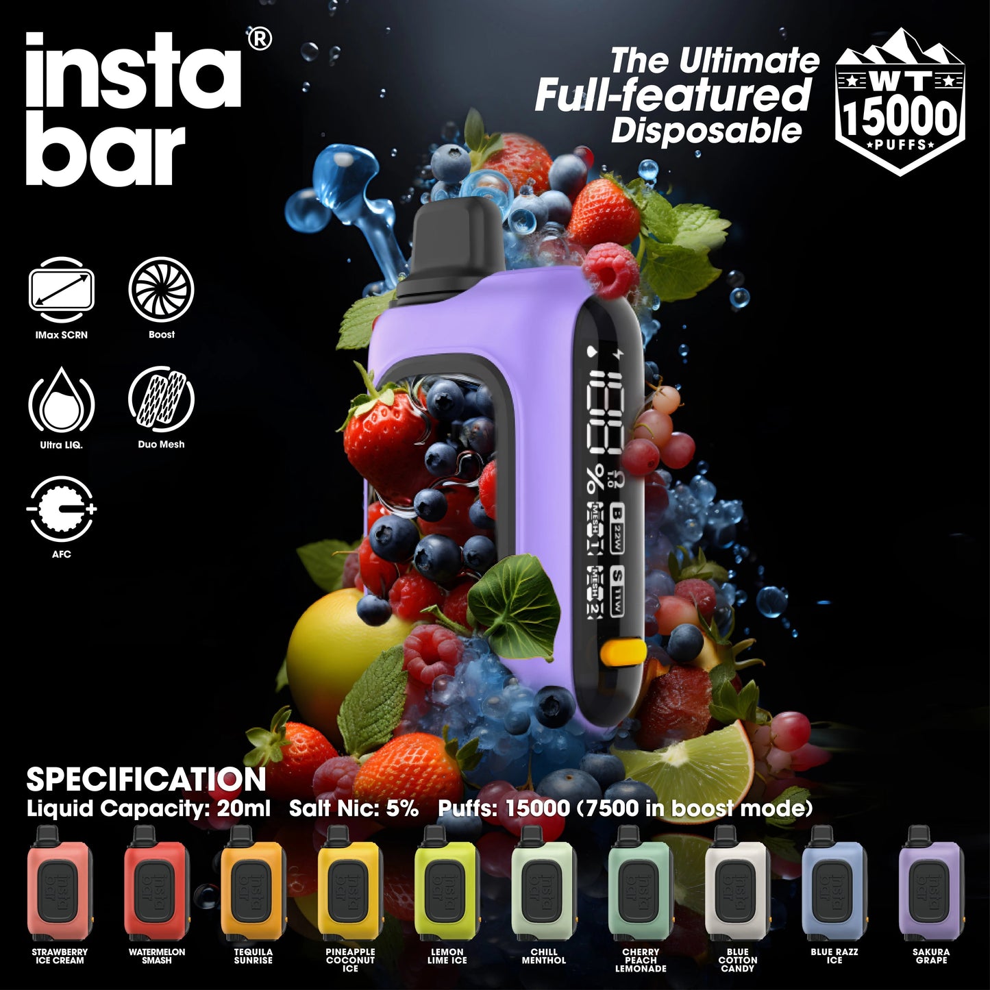 INSTABAR WT 15000 PUFFS - 10 Flavors (Over 90,000 positive reviews)