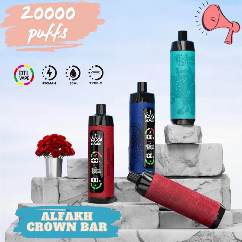 ALFAKH CROWN BAR 20K VAPE Wholesale Direct Price Hot Deal-850mAh battery. 20ml E-liquid. Multiple Nicotine 12 Flavors