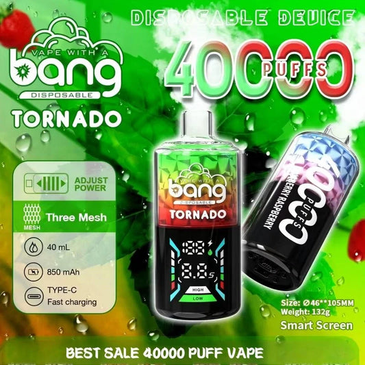 Bang With A Vape 40000 Tornado Wholesale Factory Price Good Sale-850mAh Battery. 40ml E-liquid. Multiple Nicotine 12 Flavors