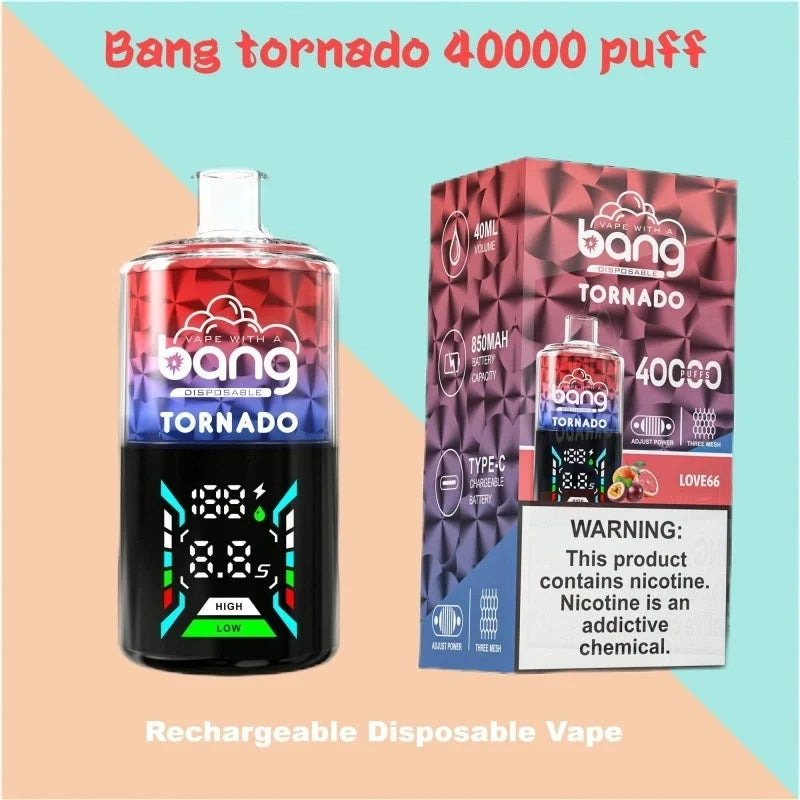 Bang With A Vape 40000 Tornado Wholesale Factory Price Good Sale-850mAh Battery. 40ml E-liquid. Multiple Nicotine 12 Flavors