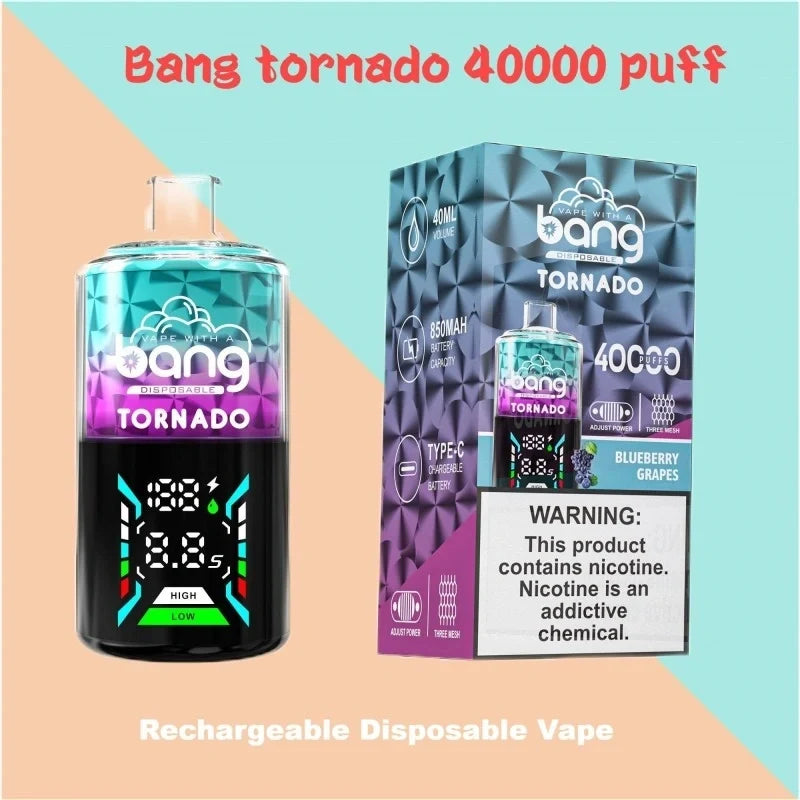 Bang With A Vape 40000 Tornado Wholesale Factory Price Good Sale-850mAh Battery. 40ml E-liquid. Multiple Nicotine 12 Flavors