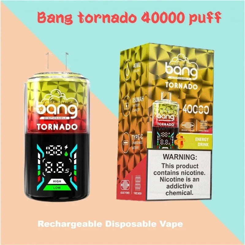 Bang With A Vape 40000 Tornado Wholesale Factory Price Good Sale-850mAh Battery. 40ml E-liquid. Multiple Nicotine 12 Flavors