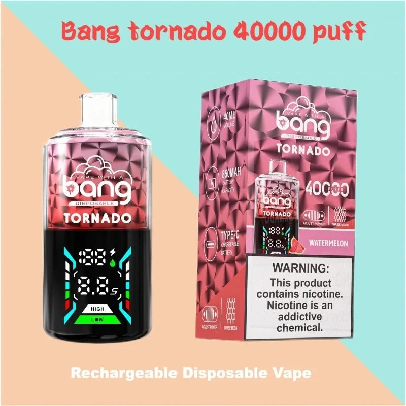 Bang With A Vape 40000 Tornado Wholesale Factory Price Good Sale-850mAh Battery. 40ml E-liquid. Multiple Nicotine 12 Flavors