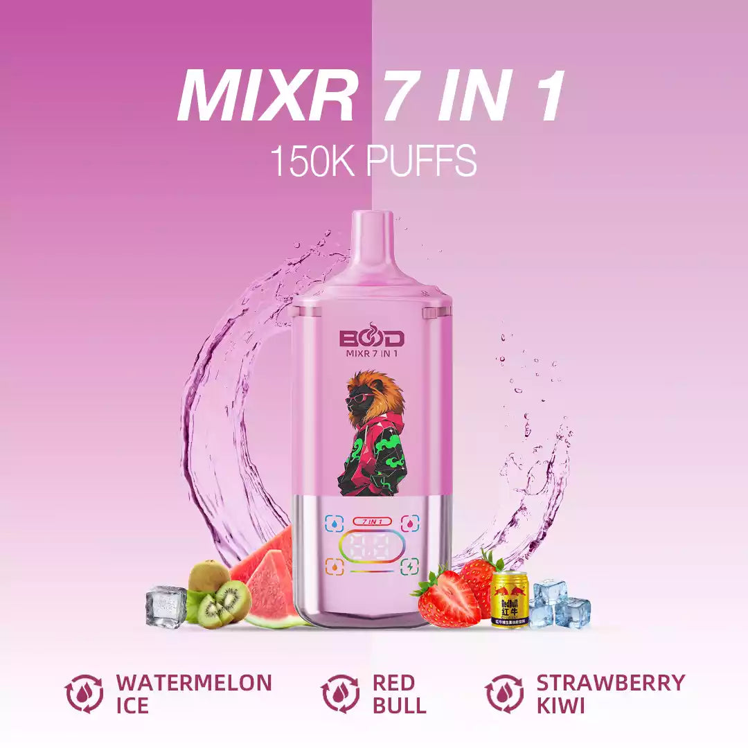 BOOD MIXR 7 in 1 150K Disposable Vapes Wholesale Bulk Buy 150000 Puffs Tri Tank Dual Mesh Coil  Taste Switching