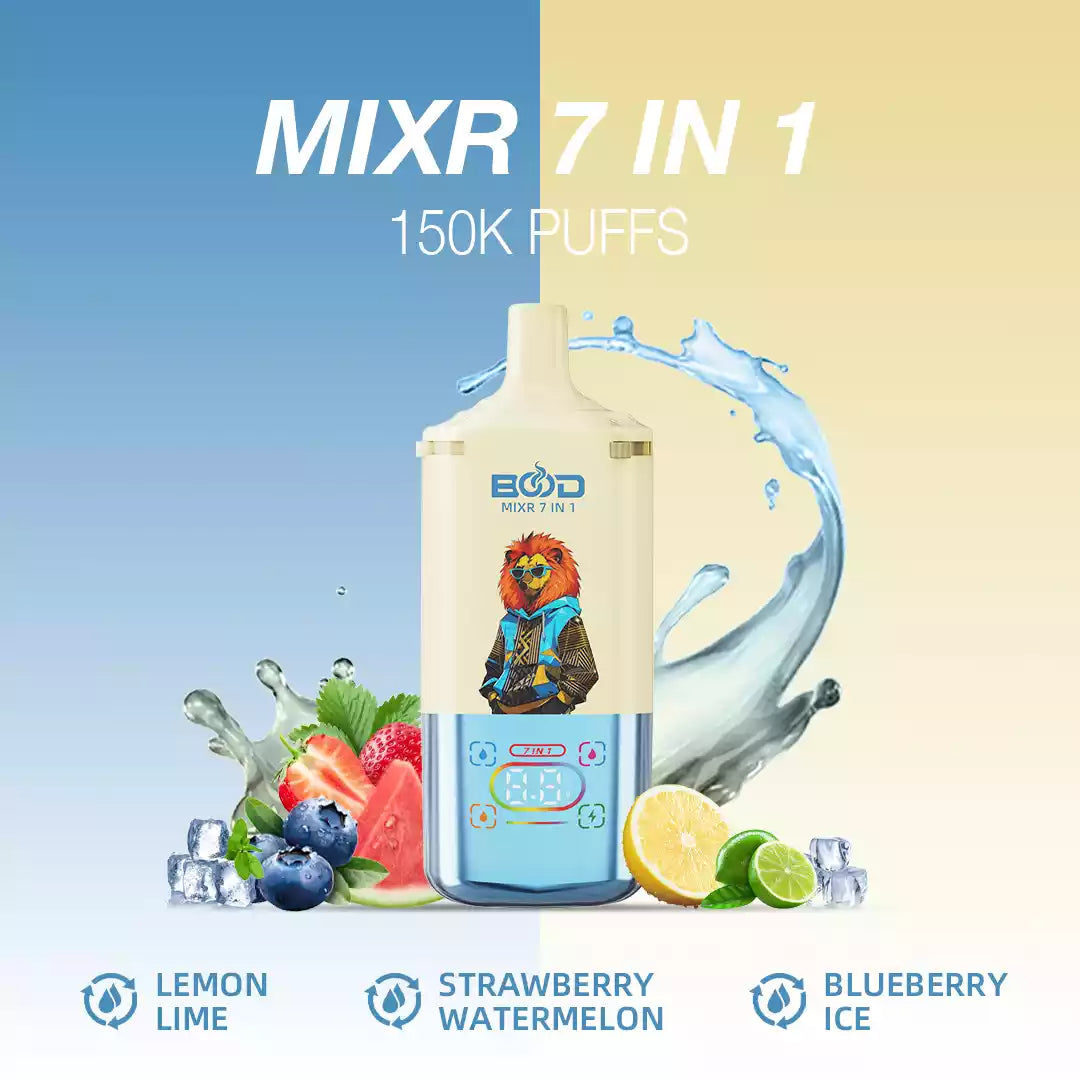 BOOD MIXR 7 in 1 150K Disposable Vapes Wholesale Bulk Buy 150000 Puffs Tri Tank Dual Mesh Coil  Taste Switching