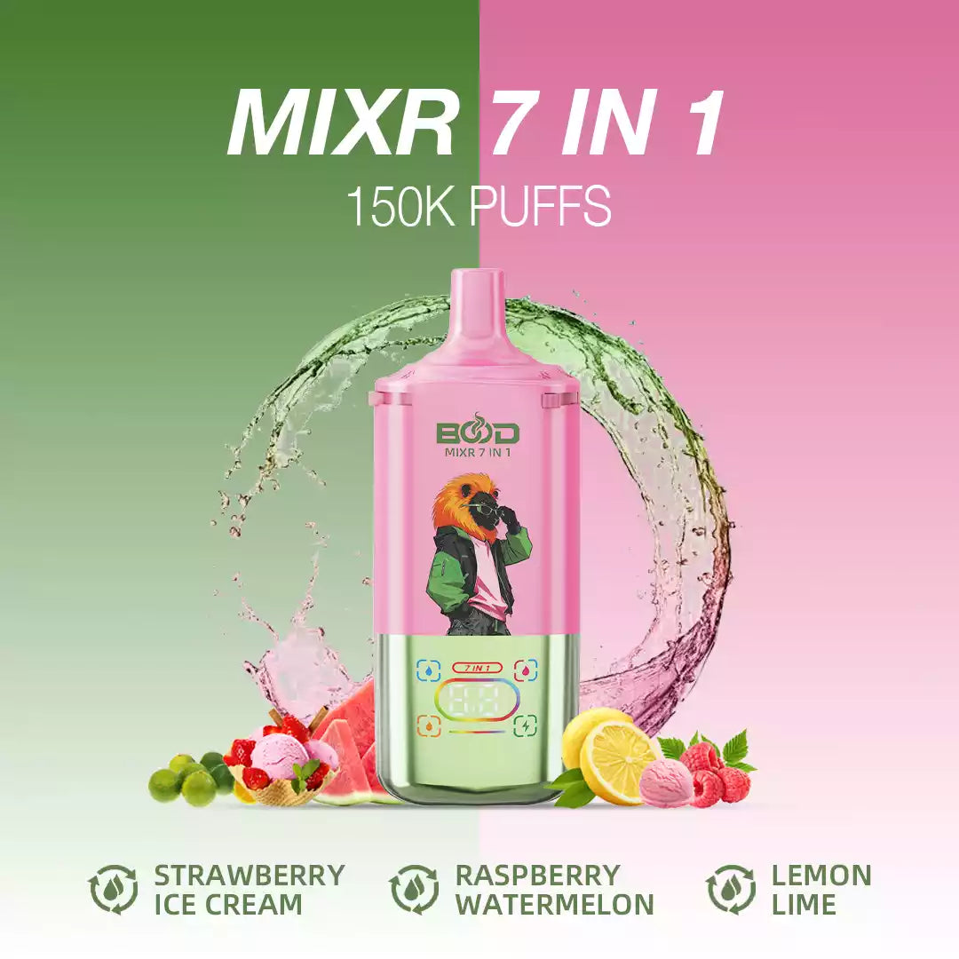 BOOD MIXR 7 in 1 150K Disposable Vapes Wholesale Bulk Buy 150000 Puffs Tri Tank Dual Mesh Coil  Taste Switching