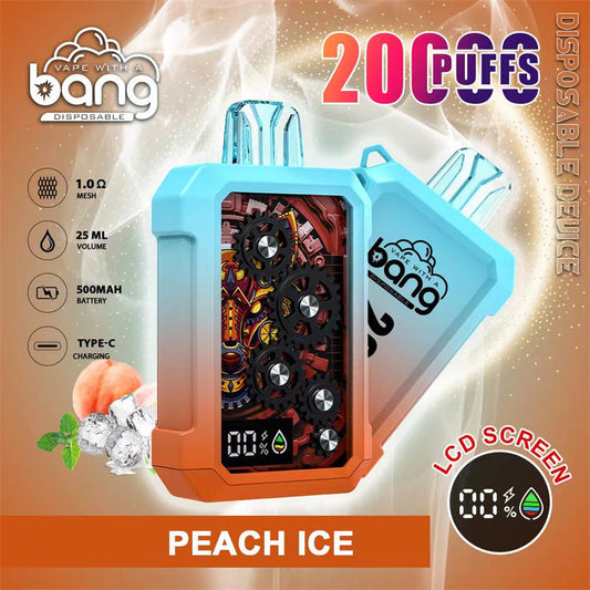BANG Original China Europe UK Asia Metal Gear 20000 with LCD Screen Disposable Vape Device E-Cigarette Wholesale Supplier Distributor and OEM ODM-500mAh Battery. 25ml E-liquid. Multiple Nicotine 12 Flavors