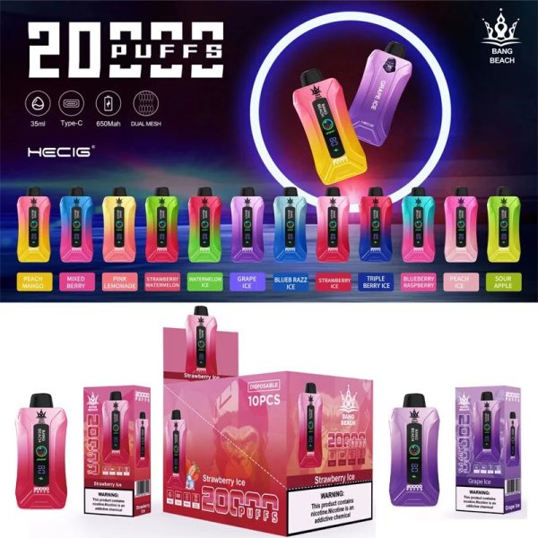 Bang Beach 20000 Puffs Display Screen Vape Disposable Electronic Cigarettes Puff 20k-650mAh Battery. 35ml E-liquid. Multiple Nicotine 12 Flavors