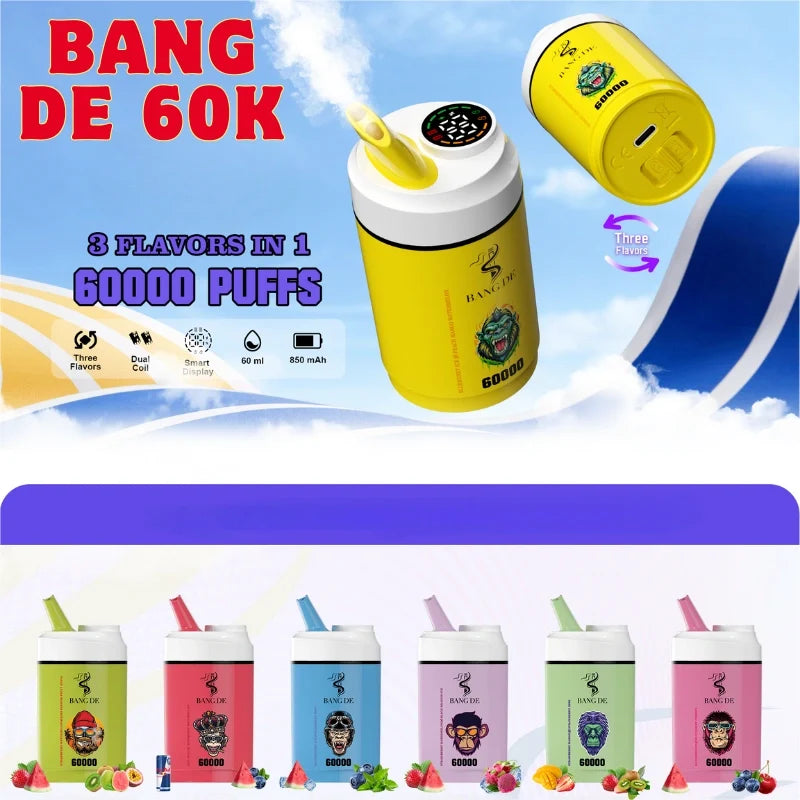 Bang DE 60K 3 in 1 Flavors Hot-Selling Model Wholesale Deal-850mAh battery. 60ml E-liquid. Multiple Nicotine 12 Flavors