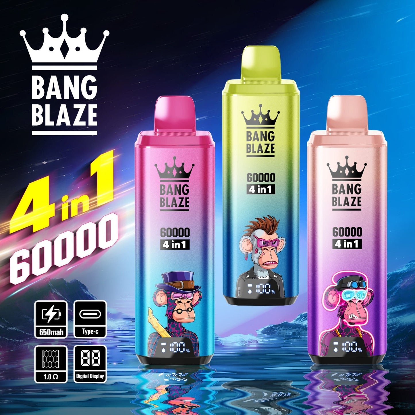 BANG BLAZE 4 In 1 60000 Puffs Disposable Vape Wholesale-650mAh Battery. 56ml E-liquid. Multiple Nicotine 12 Flavors