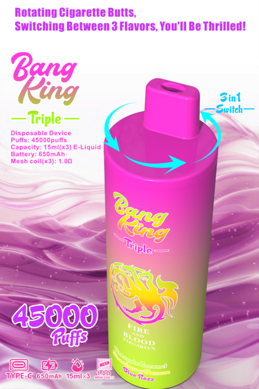 Bang King Triple 45000 Puffs Disposable Vape - 3*15ml E-Liquid. 650mAh Battery 12 Flavors