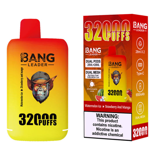 Bang Leader 32000 Puffs Disposable Vape (0% to 5% Nicotine) - Dual Pods. 26ml+26ml E-Liquid 650mah Type-C Rechargeable 18  Flavors