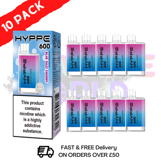 Blue Razz Cherry HYPPE BAR Puffs 600 Packung mit 10 Einwegriegeln