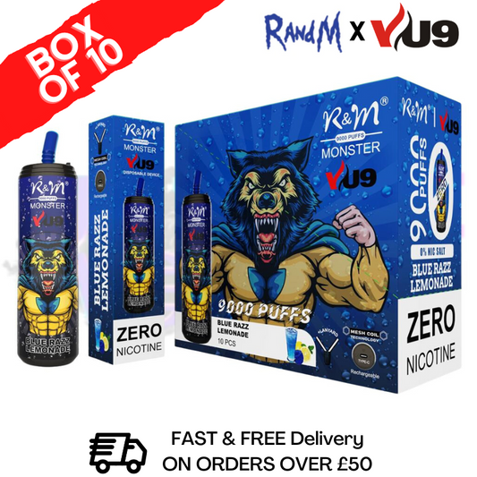 Blue Razz Lemonade 9K Monster 9000 Puffs 0mg Nikotin Packung mit 10 Riegeln