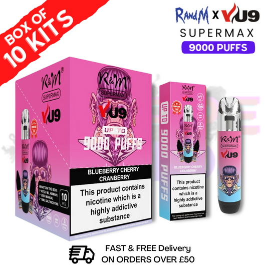 Blaubeere-Kirsche-Cranberry RandM 9K SuperMAX 9000 Puff Bar R und M 10er-Packung