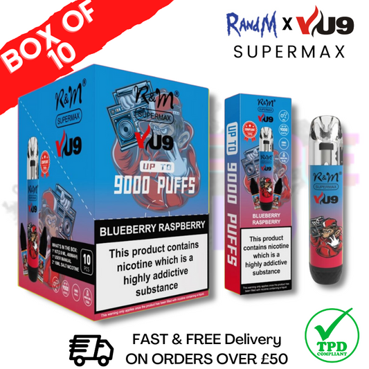 Blaubeere-Himbeere RandM 9K SuperMAX 9000 Puff Bar R und M 10er-Packung
