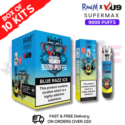 Blue Razz Ice RandM 9K SuperMAX 9000 Puff Bar R und M 10er-Packung