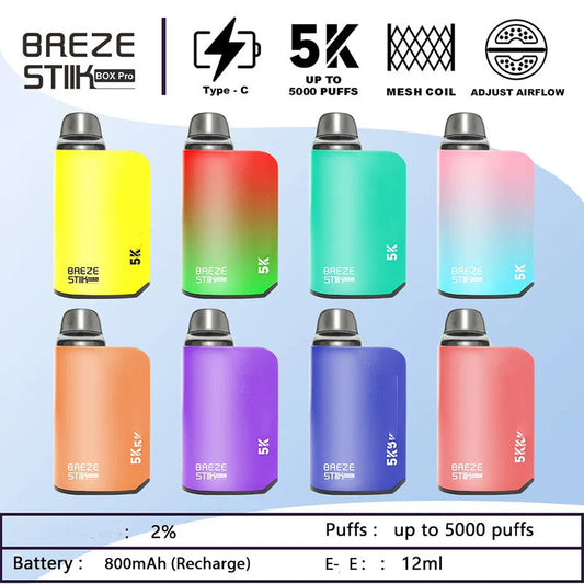 Breze Stiik Box Pro – 5000 Züge – 12 ml vorgefüllter Pod, Mesh-Coil, einstellbare Luftzufuhr, 950 mAh Akku 