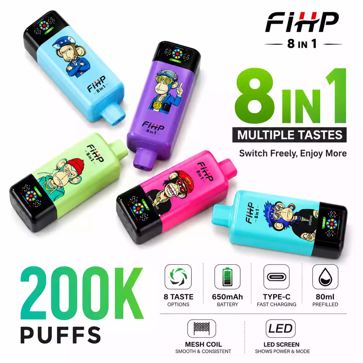 FIHP 200K 8 In 1 Taste 200000 Puffs Disposable Vapes Wholesale Bulk Buy Mesh Coil LED Display
