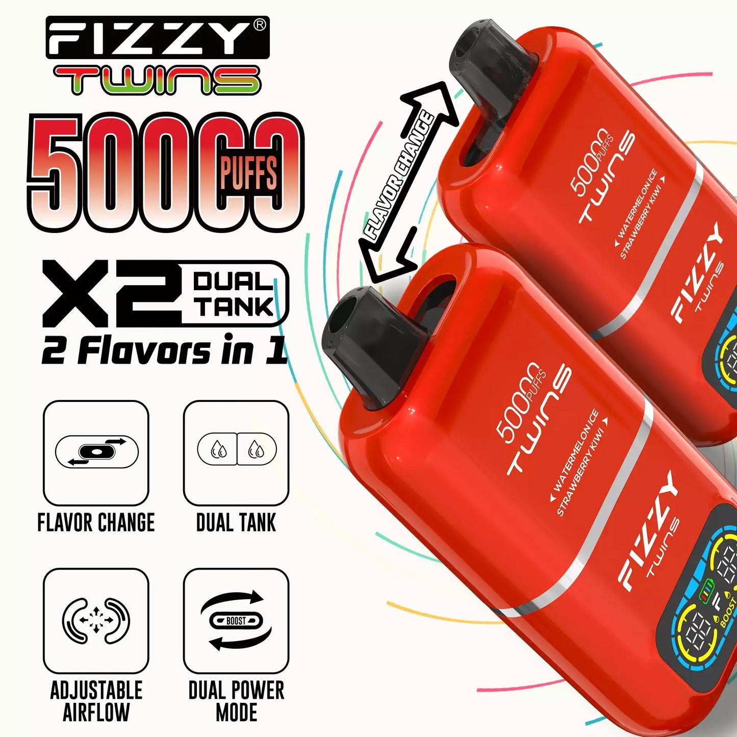 Fizzy Twins – 50.000 Züge, Doppeltank, doppelter Geschmack, 12 Farben, 2 %/5 % Nikotin, wiederaufladbarer Einweg-Vape-Pen im Großhandel 