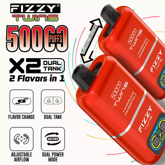 Fizzy Twins – 50.000 Züge, Doppeltank, doppelter Geschmack, 12 Farben, 2 %/5 % Nikotin, wiederaufladbarer Einweg-Vape-Pen im Großhandel 