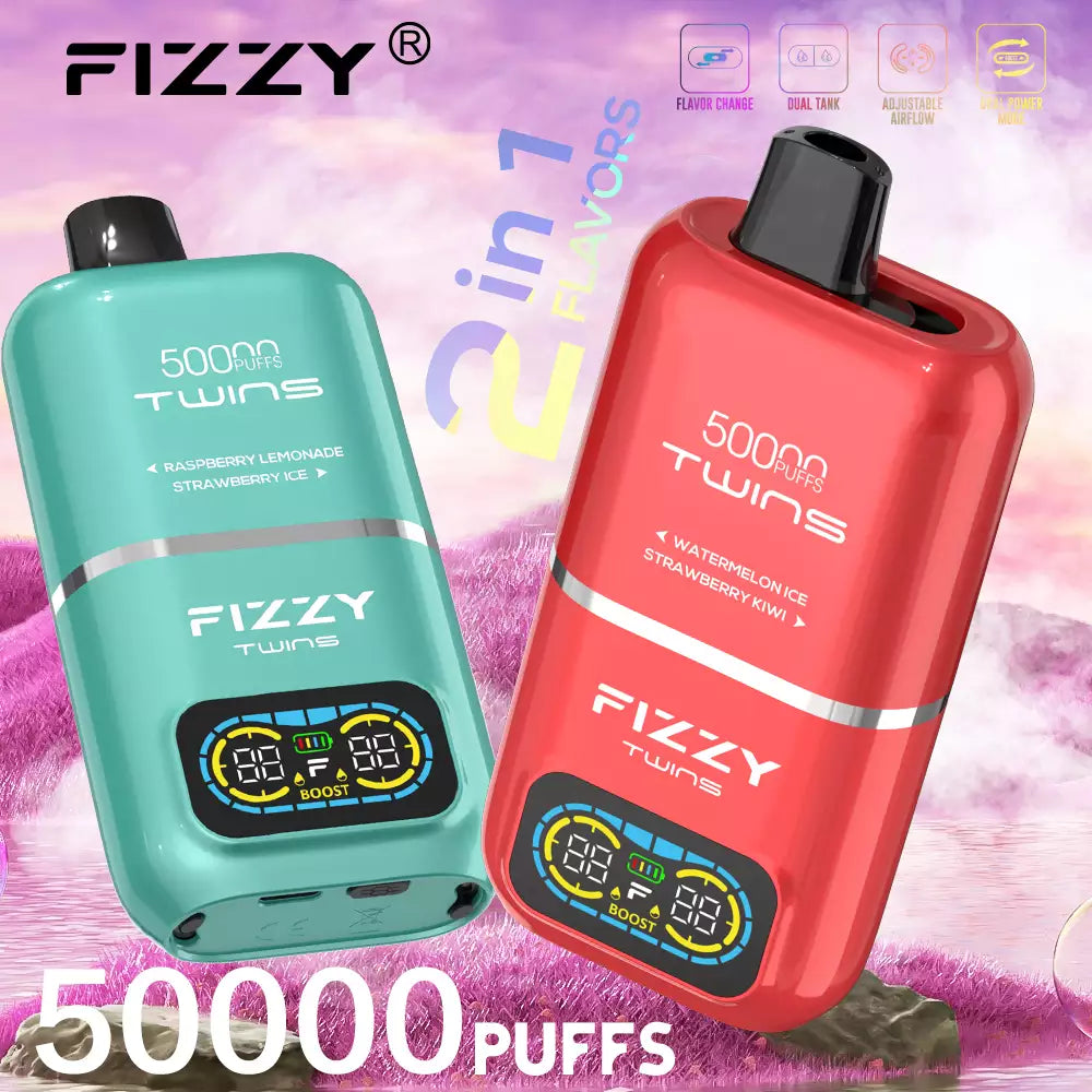 Fizzy Twins – 50.000 Züge, Doppeltank, doppelter Geschmack, 12 Farben, 2 %/5 % Nikotin, wiederaufladbarer Einweg-Vape-Pen im Großhandel 