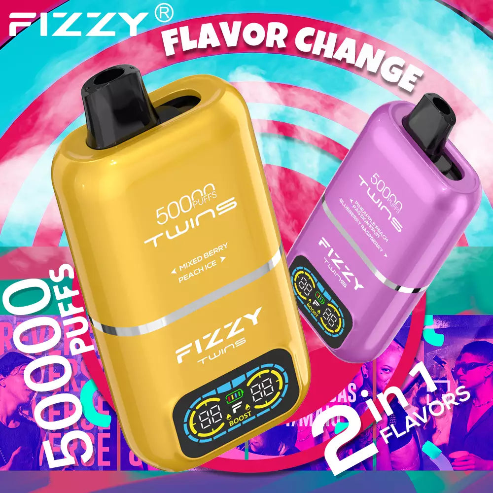Fizzy Twins – 50.000 Züge, Doppeltank, doppelter Geschmack, 12 Farben, 2 %/5 % Nikotin, wiederaufladbarer Einweg-Vape-Pen im Großhandel 
