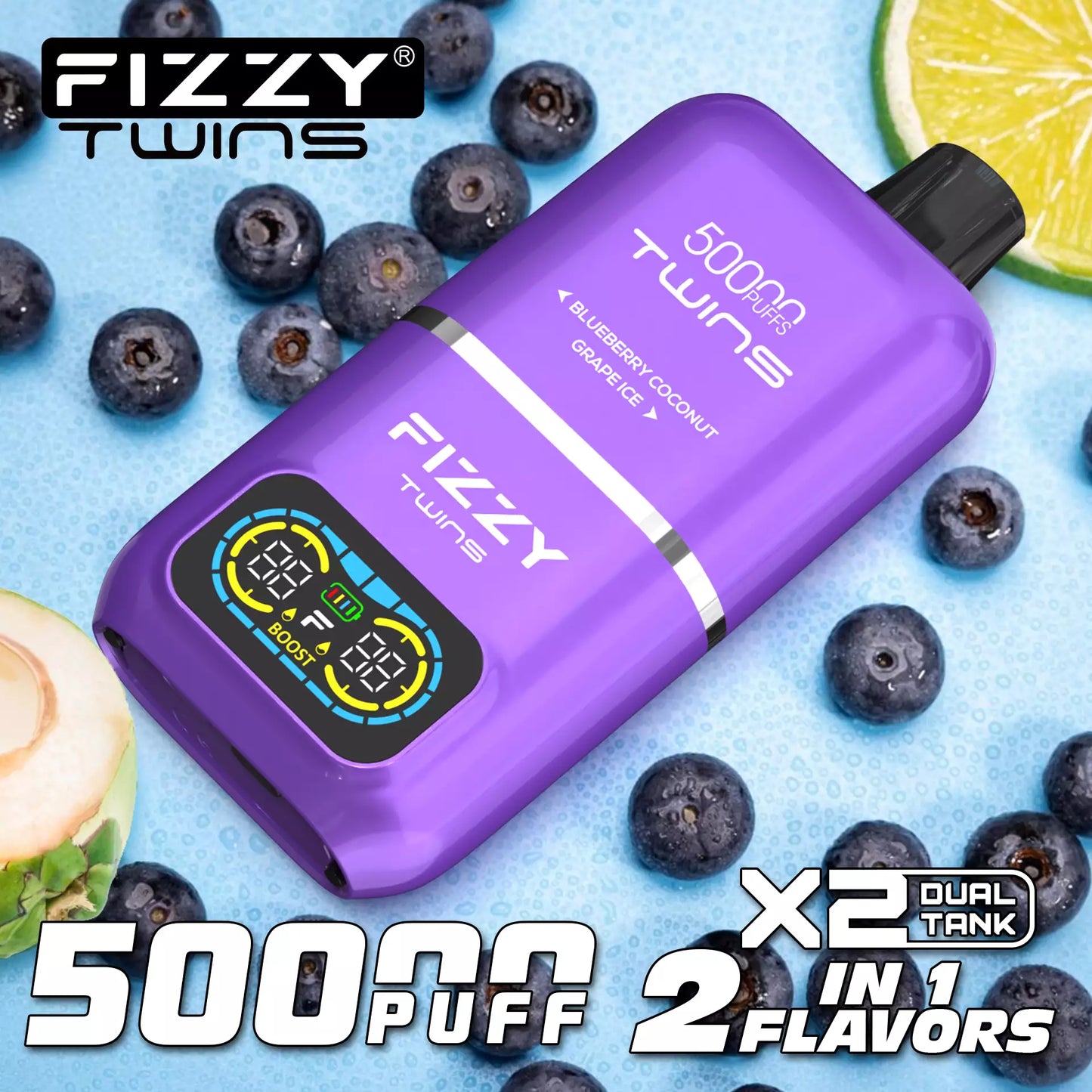 Fizzy Twins – 50.000 Züge, Doppeltank, doppelter Geschmack, 12 Farben, 2 %/5 % Nikotin, wiederaufladbarer Einweg-Vape-Pen im Großhandel 