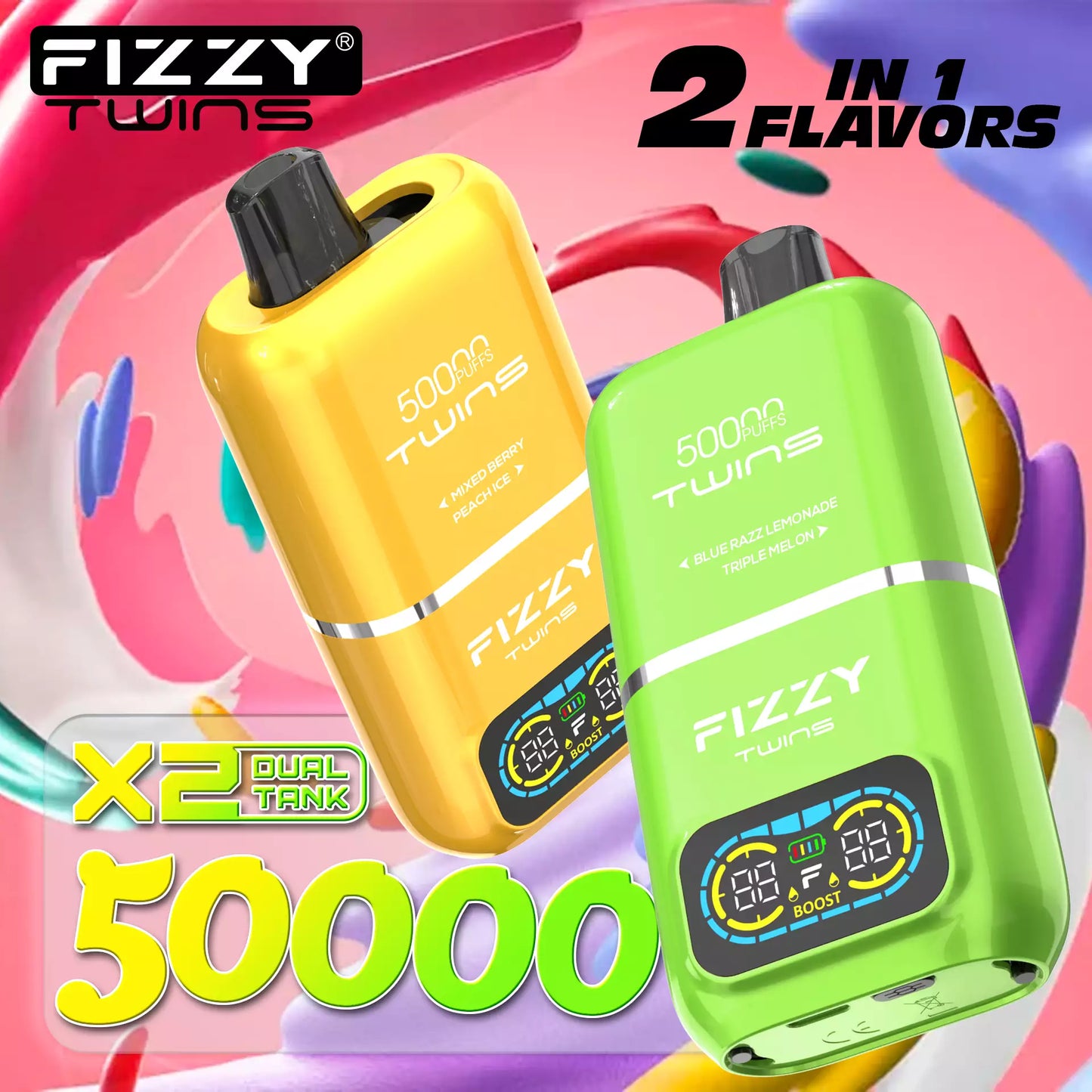 Fizzy Twins – 50.000 Züge, Doppeltank, doppelter Geschmack, 12 Farben, 2 %/5 % Nikotin, wiederaufladbarer Einweg-Vape-Pen im Großhandel 