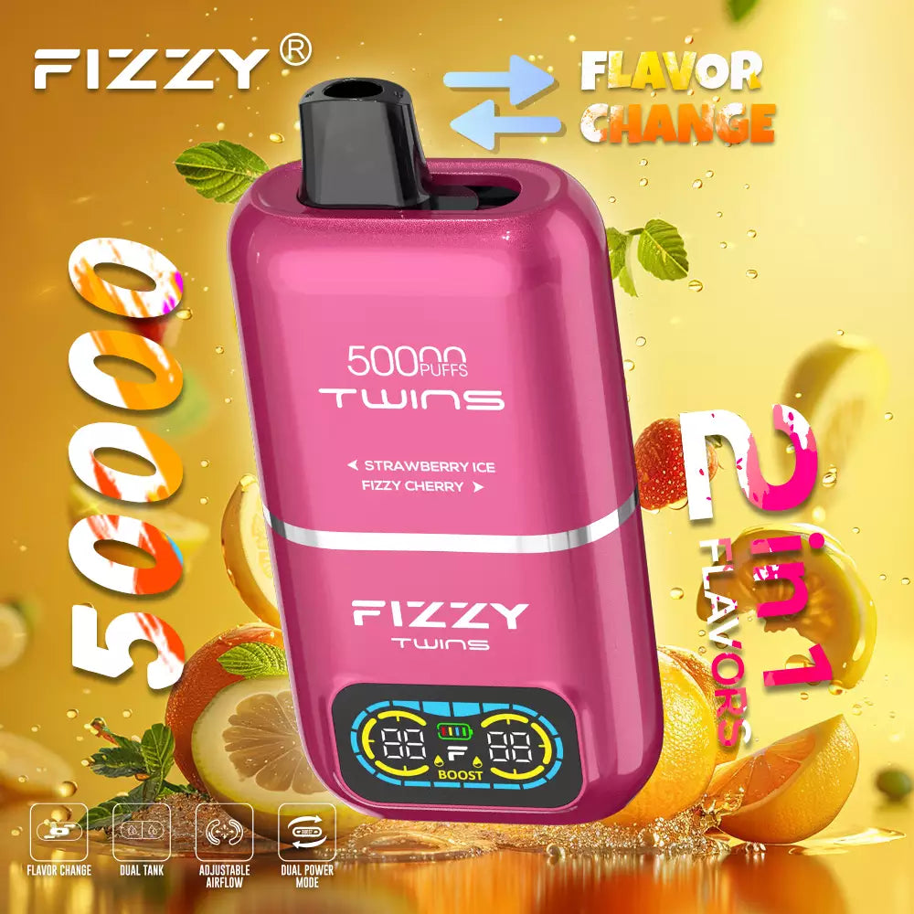 Fizzy Twins – 50.000 Züge, Doppeltank, doppelter Geschmack, 12 Farben, 2 %/5 % Nikotin, wiederaufladbarer Einweg-Vape-Pen im Großhandel 