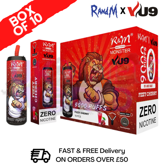 Fizzy Cherry 9K Monster 9000 Puffs 0mg Nikotin Packung mit 10 Riegeln
