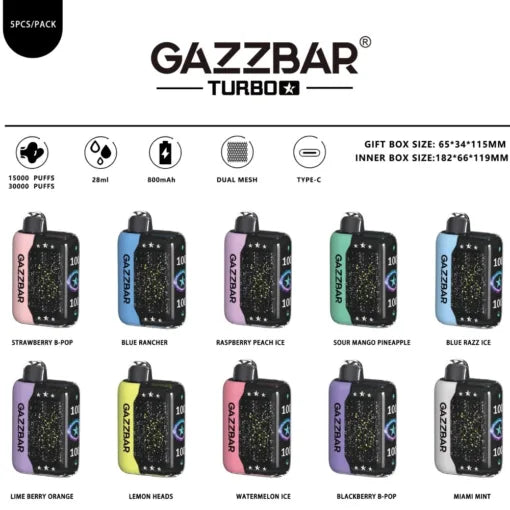 GAZZBAR TURBO 30000 Puffs Stars Light Dual Mesh Bulk Buy 30K Rechargeable Disposable Vapes Wholesale