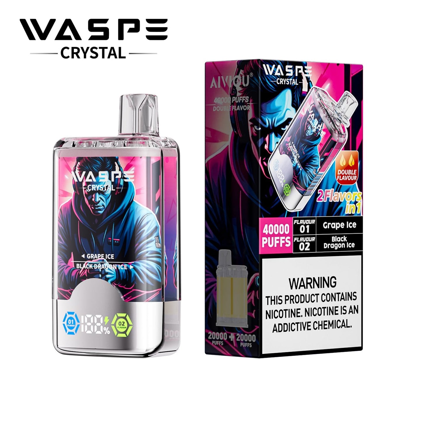 Waspe Crystal 40K Puffs Disposable Vape – Dual Flavors,Dual Mesh Coils,Smart LED Display