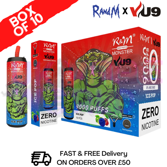 ICE POP 9K Monster 9000 Puffs 0mg Nikotin Packung mit 10 Riegeln