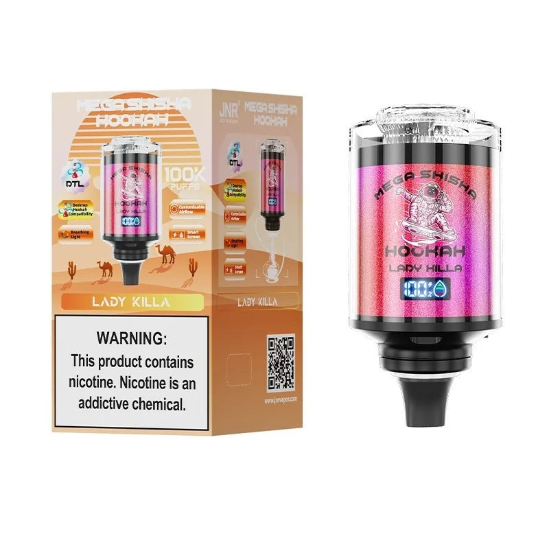 JNR Mega Shisha Hookah 100K Einweg-E-Zigarette mit 2 % Nikotinsalz, 60 ml Tankvolumen, 2200 mAh Akku, 11 Geschmacksrichtungen im Angebot 