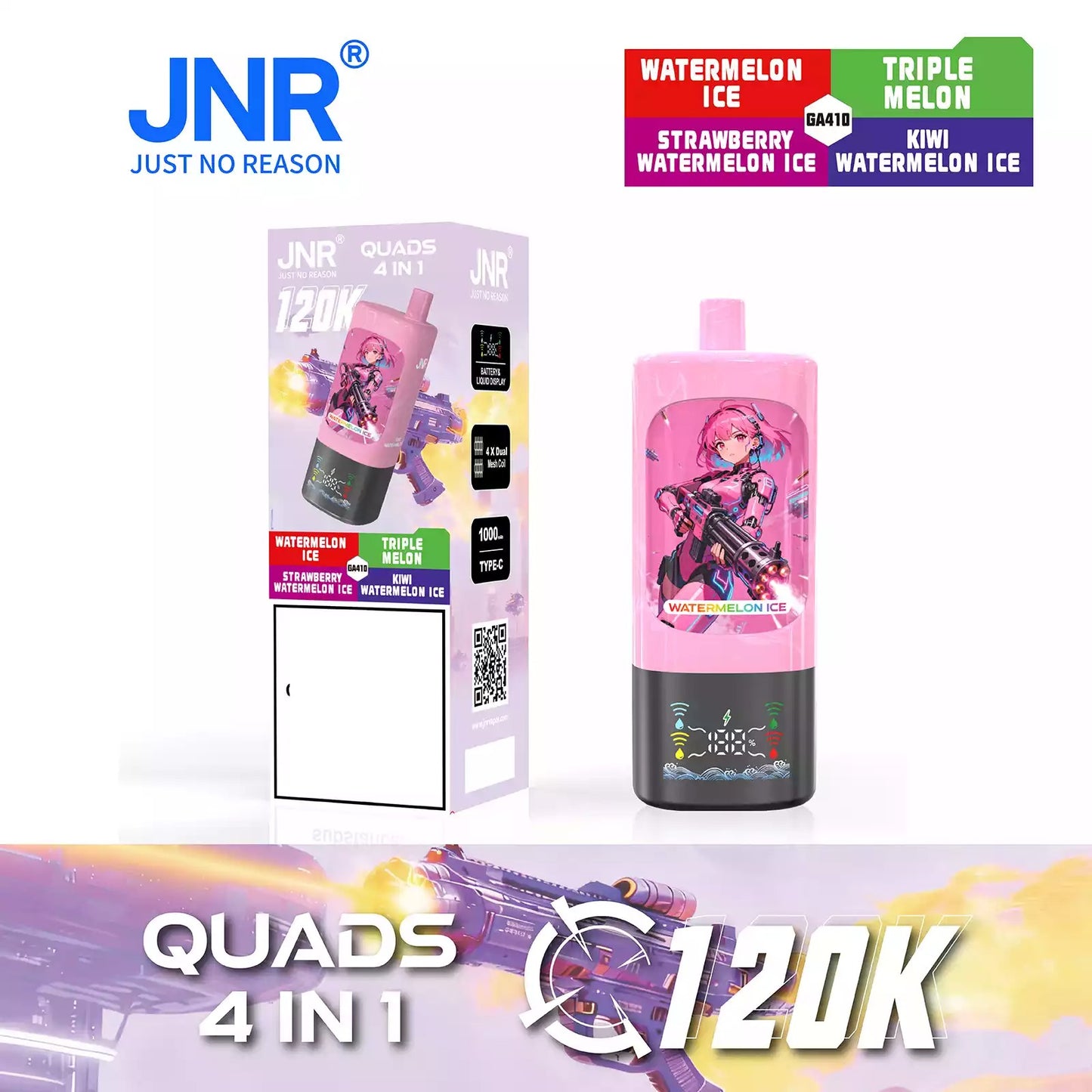 JNR QUADS 4IN1 120K 120000 Puffs Big Cloud Wholesale Rechargeable Disposable Vape Smart Display Bulk Buy
