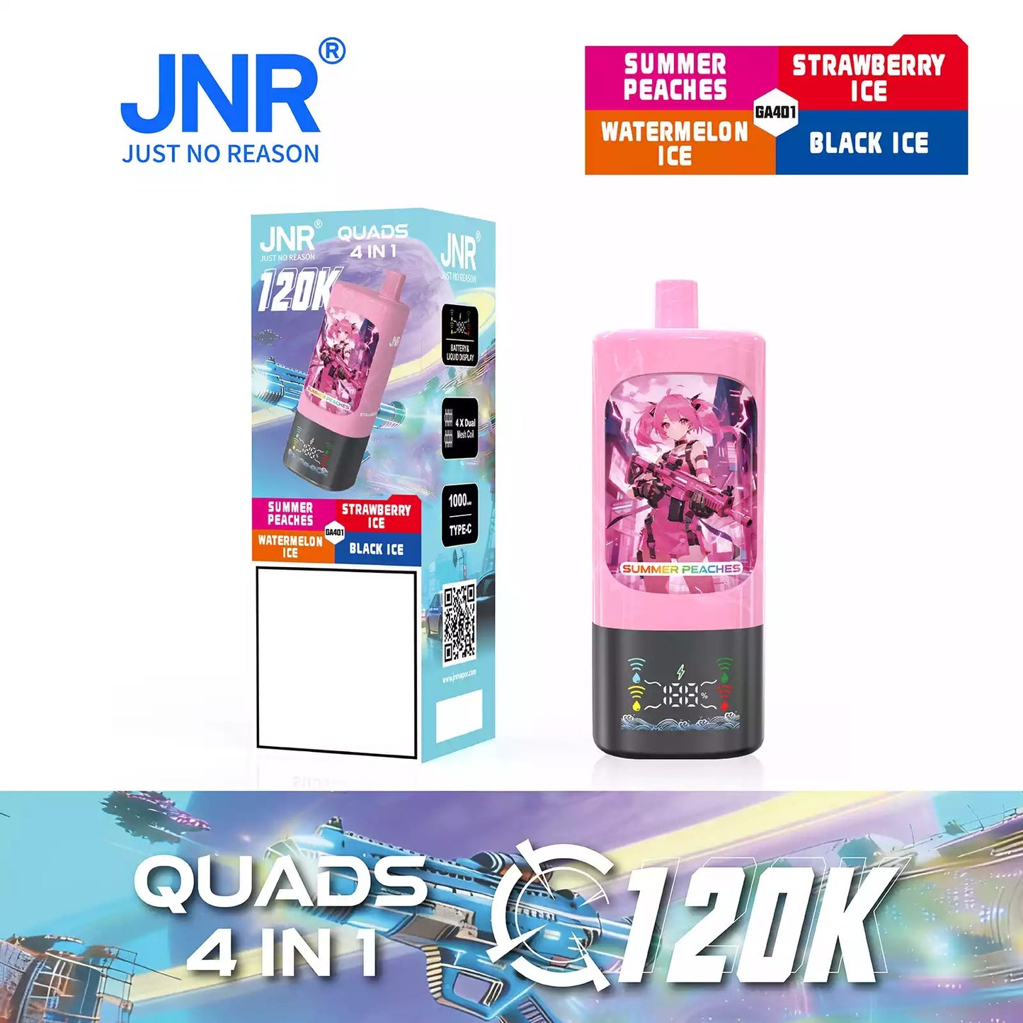 JNR QUADS 4IN1 120K 120000 Puffs Big Cloud Wholesale Rechargeable Disposable Vape Smart Display Bulk Buy