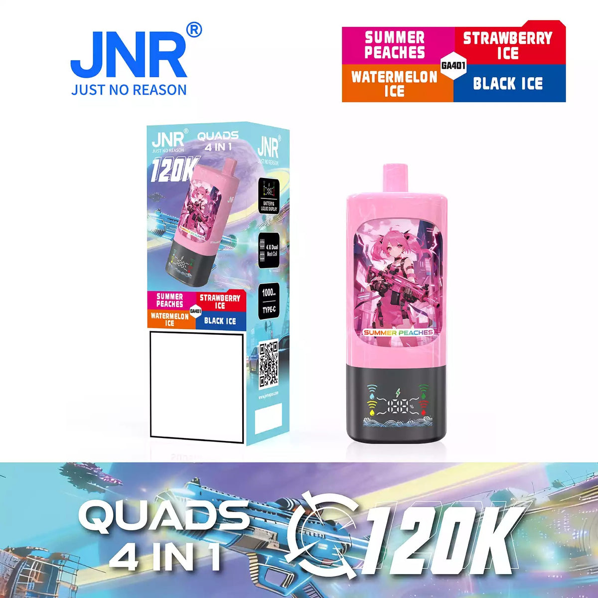 JNR QUADS 4IN1 120K 120000 Puffs Big Cloud Wholesale Rechargeable Disposable Vape Smart Display Bulk Buy
