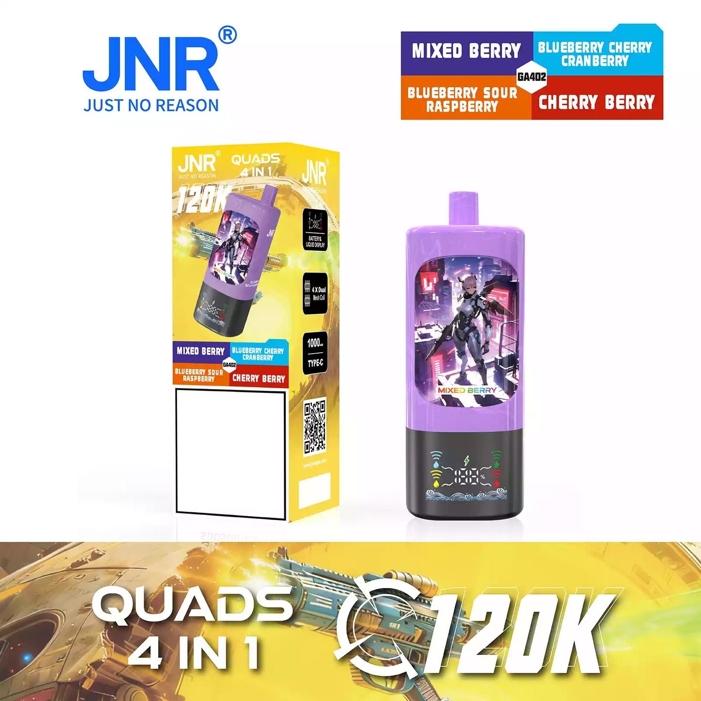 JNR QUADS 4IN1 120K 120000 Puffs Big Cloud Wholesale Rechargeable Disposable Vape Smart Display Bulk Buy