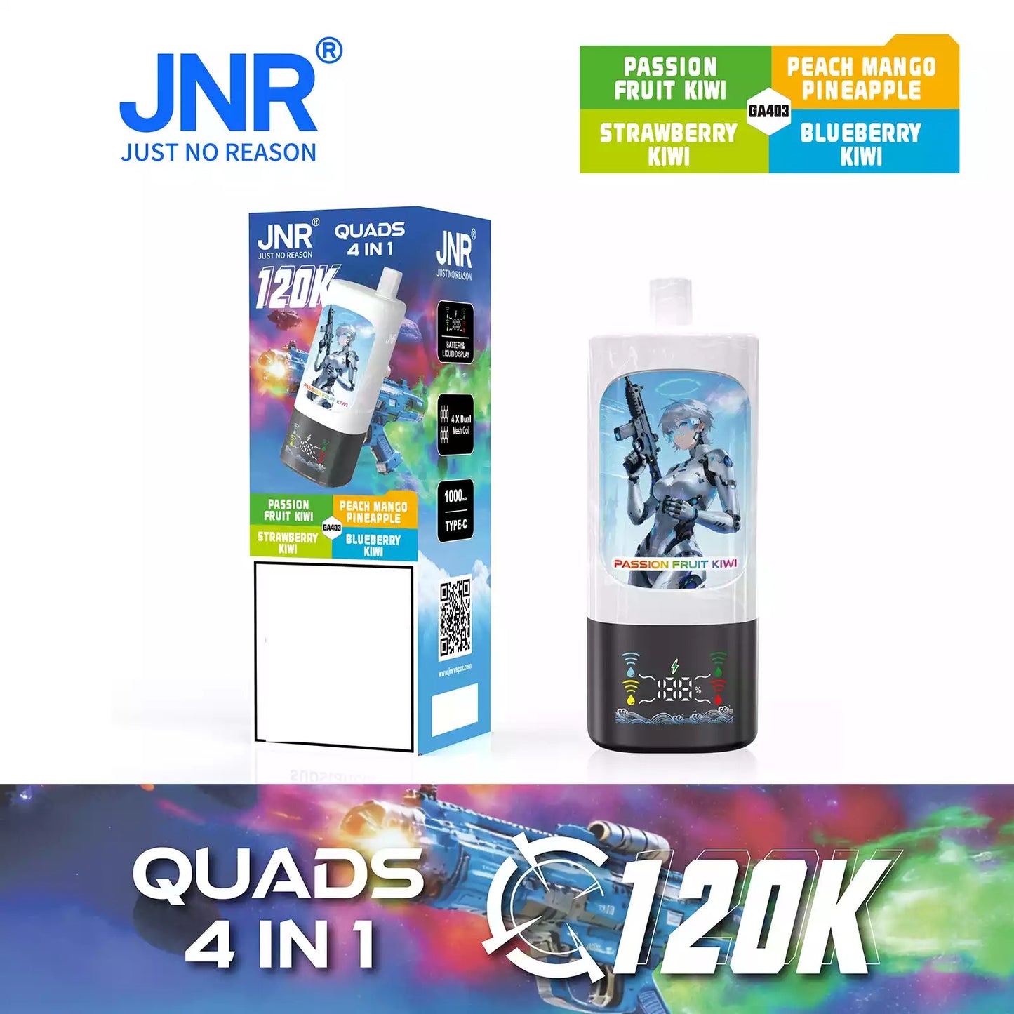 JNR QUADS 4IN1 120K 120000 Puffs Big Cloud Wholesale Rechargeable Disposable Vape Smart Display Bulk Buy